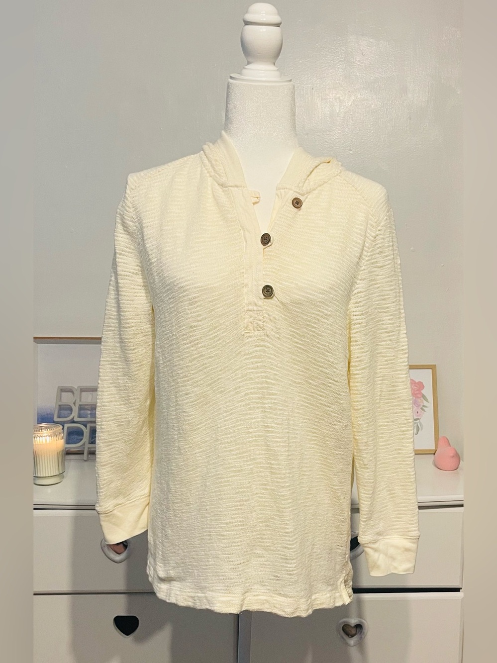 Ralph Lauren Cream Hooded Knit Pullover with Button Placket size L 100% cotton